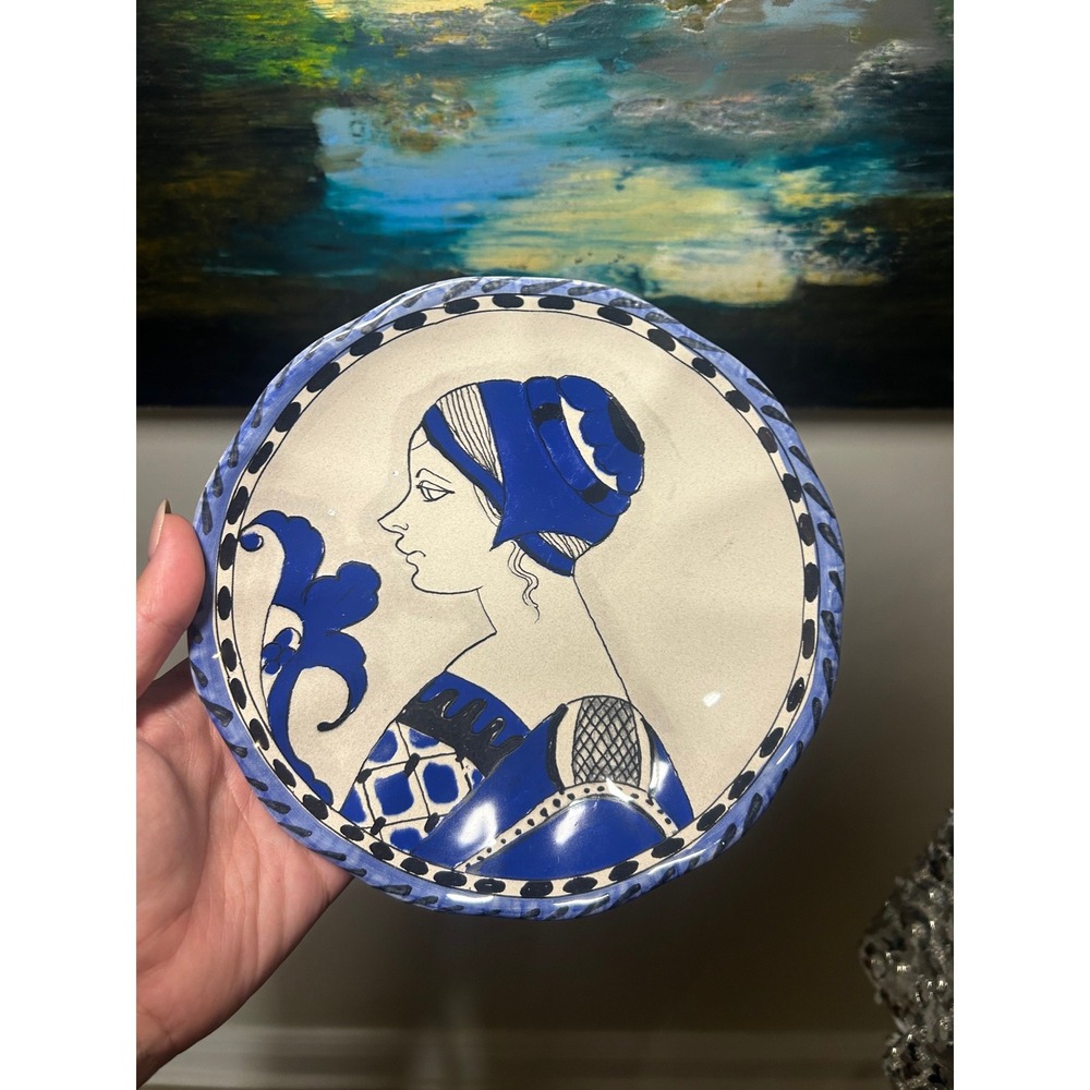 RARE Assisi Decorative Plate Blue Hand Painted Renaissance Portrait Dish Italy